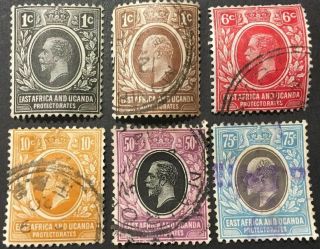 East Africa & Uganda 1912 - 21 X6 Stamps Vfu 2x1c 6c 10c 50c 75c