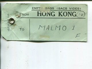 Hong Kong Mail Bag Tag For Empty Bags From Hong Kong To Malmo,  Sweden Ca 1955