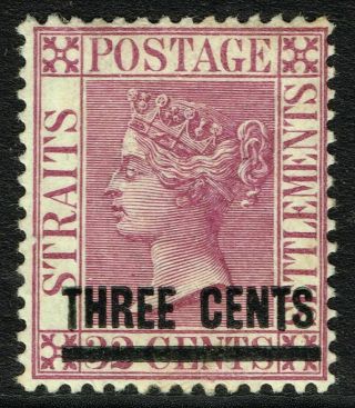 Sg 83a Straits Settlements 1885 - 3c On 32c Deep Magenta - Mounted