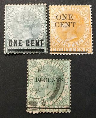 Straits Settlements Circa 1880 2x8 With 1c O/s 1x 24c With 10c Over Stamp