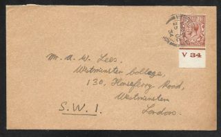 G.  B.  - 1934 Cover Wootton ? To London - George V 1 1/2d Stamp With V34 Control