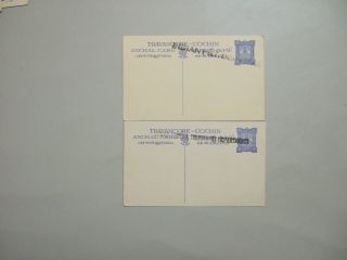 Two India State Cochin Postal Stationery W/different Overprint