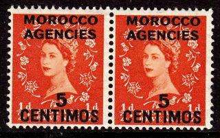 Morocco Agencies Qeii 1956 Sg189 5c On ½d Orange Pair Wmk St Edwrds Crwn Mnh