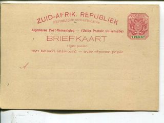 South African Republic 1,  1 Penny Double Postal Card,