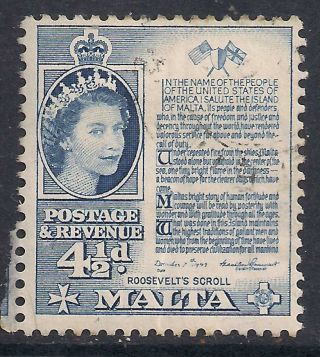 Malta 1956 - 58 Qe2 4 1/2d Deep Blue Roosevelts Scroll Stamp Sg 273 (g398