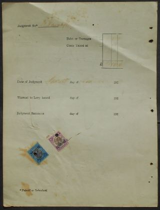 Jamaica 1920s Court Document W/ 2 Judicial Revenue Stamps