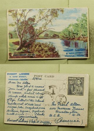 Dr Who 1946 Malta Landscape Postcard To Usa Postage Due E74622