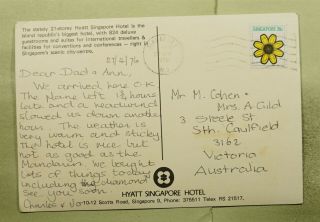 DR WHO 1976 SINGAPORE HYATT HOTEL POSTCARD TO AUSTRALIA e47844 2