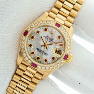 Rolex Women ' s President Datejust 18K Yellow Gold MOP Ruby & Diamond Womens Watch 2
