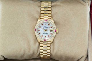 Rolex Women ' s President Datejust 18K Yellow Gold MOP Ruby & Diamond Womens Watch 6