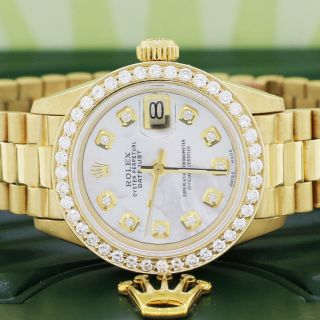 Rolex President Datejust Ladies 18k Gold 26mm W/white Mop Diamond Dial & Bezel