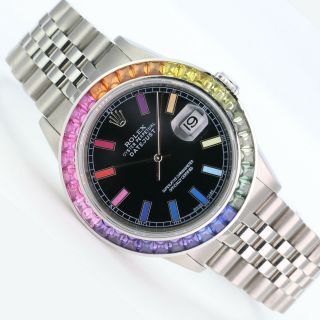 Rolex Mens Watch Steel Datejust 16234 Black Rainbow Dial Colored Sapphire Bezel