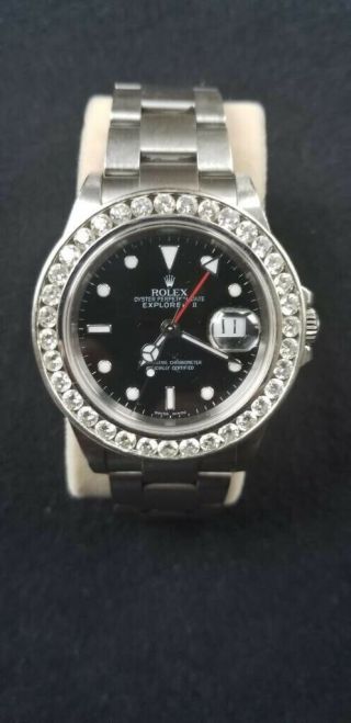 Rolex Explorer Ii Mens Diamond Bezel Watch Stainless Steel Black Dial 3.  5ct