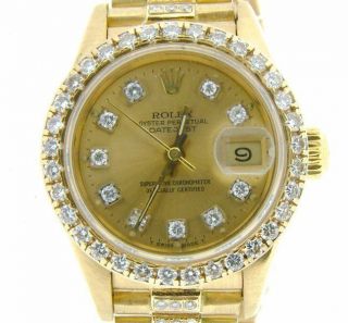 Ladies Rolex 18k Gold Datejust President Watch Diamond Band Bezel Dial Quickset