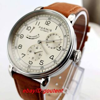 Hot 42mm Parnis Beige Dial Classic Power Reserve Indicator Automatic Mens Watch