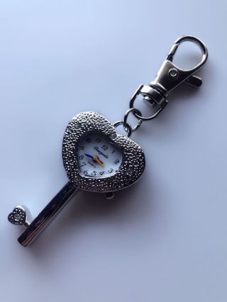 Kids Girl Lady Silver Heart Key Ring Keyrings Holder Pocket Watch Gift For Her