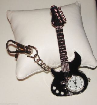 Guitar Silver Tone Key Chain Watch Black & White