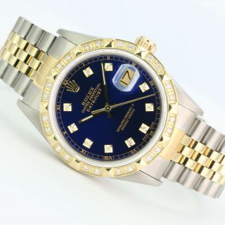 Mens Rolex Watch Datejust 16013 18k Gold & Steel Royal Blue Dial With Diamonds