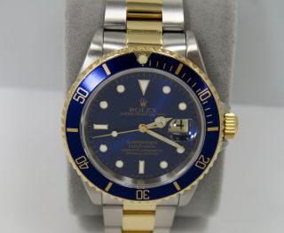 ROLEX SUBMARINER 16613 18K GOLD STAIN.  STEEL BLUE DIAL - FULL SERVICE & 3