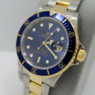 ROLEX SUBMARINER 16613 18K GOLD STAIN.  STEEL BLUE DIAL - FULL SERVICE & 5