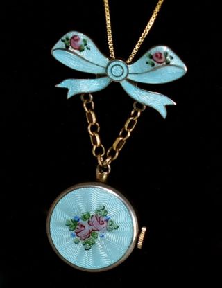 Antique Sterling Aqua Enamel Guilloche Hand Painted Watch Necklace Great