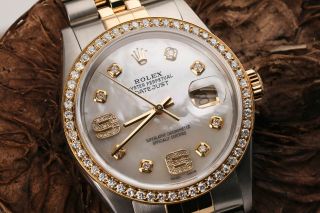 Rolex 36mm Datejust 18k Gold & SS Diamond Watch White Mother of Pearl Dial 2