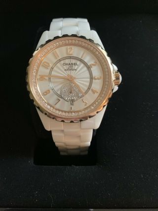Chanel J12 White Ceramic Rose Gold & Diamond Watch Model H3843