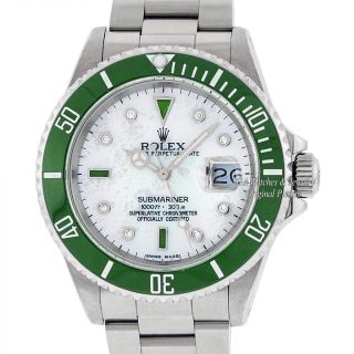 Rolex Mens Submariner Date Watch 16610 Steel Mop Diamond Emerald Ceramic Green