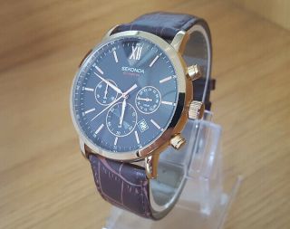 Mens Classic Brown Leather Rose - Gold Sekonda Chronograph Gents Date Watch