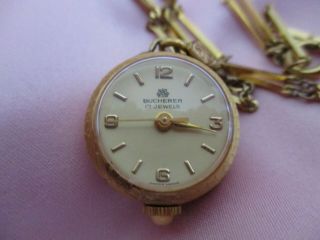 Bucherer 17 Jewel Swiss Pendant Skeleton Ball Watch 18k Gold Filled Long Chain
