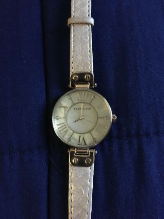Anne Klein Watch Large Mop Dial Leather Band Beige Gold Tone Ak1012