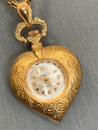 Vintage Saxony Pocket Watch Pendant Gold Embossed Heart Swiss Rare