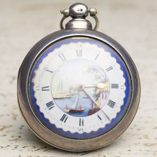Painted Dial - Silver Pair Case English Verge Fusee Antique Pocket Watch