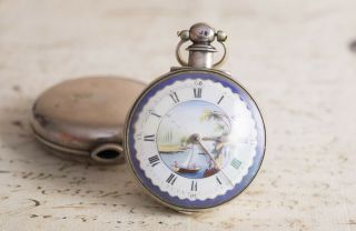 Painted Dial - Silver Pair Case English VERGE FUSEE Antique Pocket Watch 3