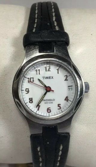 Vintage Women Timex Watch Silver Case Black Leather Band Indiglo White Face 50m