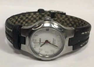 Vintage Women Timex Watch Silver Case Black Leather Band Indiglo White Face 50M 2