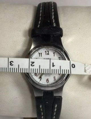 Vintage Women Timex Watch Silver Case Black Leather Band Indiglo White Face 50M 5