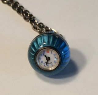Vintage Swiss Blue Guilloche Enamel Pendant/charm Ball Watch With Chain - Runs