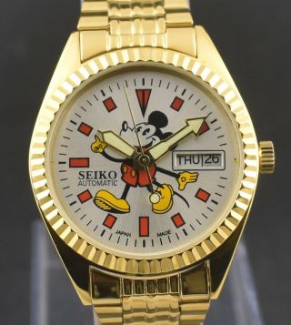 Vintage Seiko Automatic 17 Jewel Mickey Mouse Gold Plated Day Date Men Watch