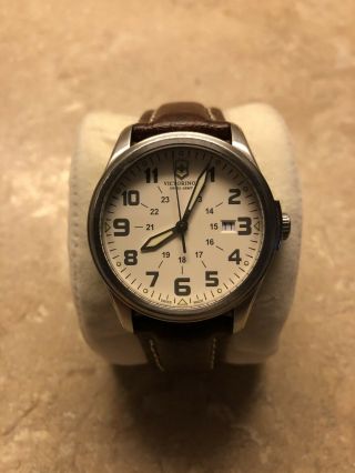 Swiss Army Victorinox Ivory Dial Date Brown Leather Strap Men 