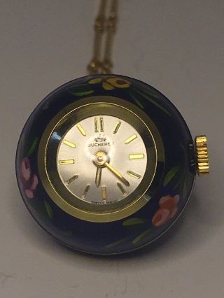 Bucherer Ball Watch Pendant Necklace - Blue With Colored Flowers,  Golden Chain