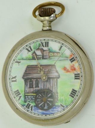Very Rare Antique Omega Pocket Watch.  Automaton Watermill Fancy Enamel Dial.