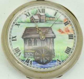 VERY RARE antique Omega pocket watch.  Automaton Watermill fancy enamel dial. 2