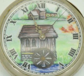 VERY RARE antique Omega pocket watch.  Automaton Watermill fancy enamel dial. 3