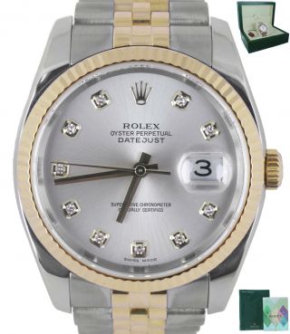 2006 Rolex Datejust 36mm Factory Silver Diamond 116233 18k Gold Two - Tone