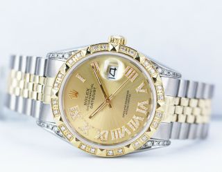 Rolex Mens Watch Datejust Gold & Steel Champagne Dial Roman Numerals W/ Diamonds