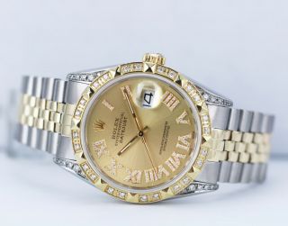 Rolex Mens Watch Datejust Gold & Steel Champagne dial Roman Numerals w/ Diamonds 8