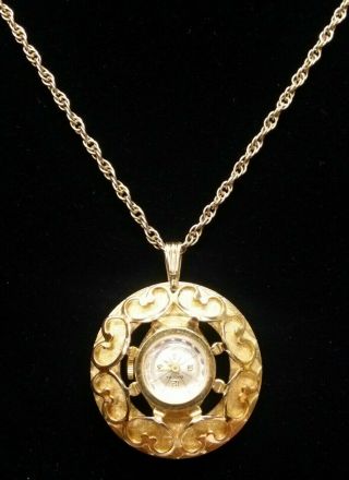 Vintage Endura Pendant Gold Watch W/chain Heart Design Nicely Detailed