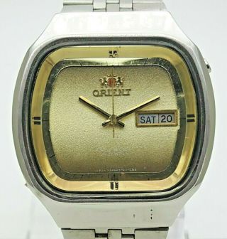 Vintage Orient Crystal Automatic 21j 46941 Day Date Steel Japan Men Wrist Watch