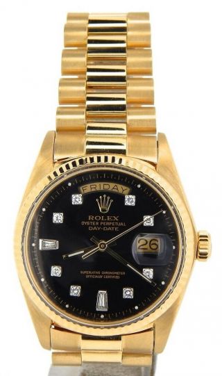 Mens Rolex Day - Date President 18kt 18k Yellow Gold Watch Black Diamond Dial 1803